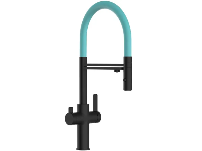 VIZIO NIEDERDRUCK 3 Wege Wasserhahn Küchenarmatur FC mit 360° Schwenkbarem Auslauf Abnehmbare 2 Strahl Handbrause Schwarz Matt Türkis