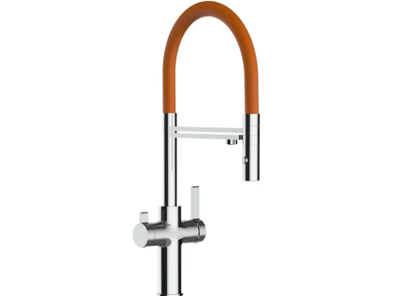 VIZIO NIEDERDRUCK 3 Wege Wasserhahn Küchenarmatur FC mit 360° Schwenkbarem Auslauf Abnehmbare 2 Strahl Handbrause Verchromt Orange