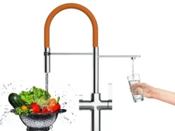 VIZIO NIEDERDRUCK 3 Wege Wasserhahn Küchenarmatur FC mit 360° Schwenkbarem Auslauf Abnehmbare 2 Strahl Handbrause Verchromt Orange
