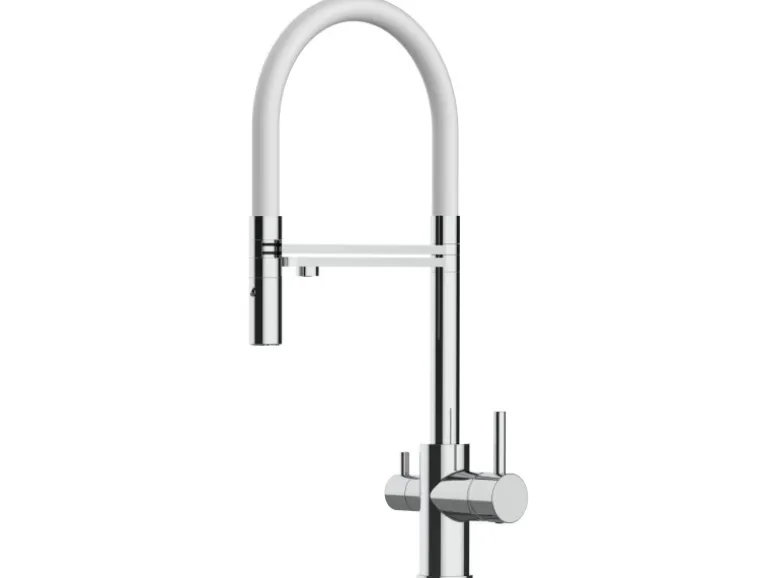VIZIO NIEDERDRUCK 3 Wege Wasserhahn Küchenarmatur FL mit 360° Schwenkbarem Auslauf Abnehmbare 2 Strahl Handbrause Verchromt Weiß