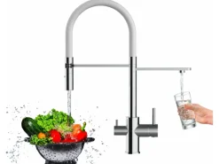 VIZIO NIEDERDRUCK 3 Wege Wasserhahn Küchenarmatur FL mit 360° Schwenkbarem Auslauf Abnehmbare 2 Strahl Handbrause Verchromt Weiß