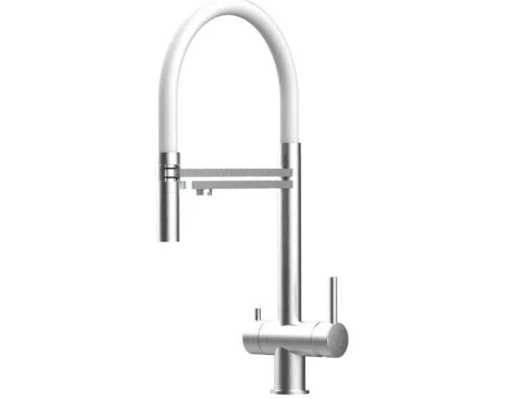 VIZIO NIEDERDRUCK 3 Wege Wasserhahn Küchenarmatur Edelstahl Massiv mit 360° Schwenkbarem Auslauf Abnehmbare 2 Strahl Handbrause Gebürstet Weiß