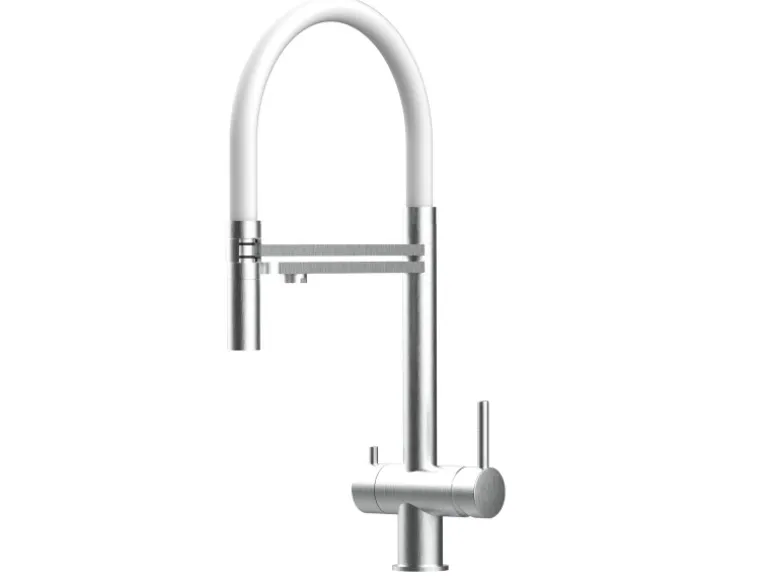 VIZIO NIEDERDRUCK 3 Wege Wasserhahn Küchenarmatur Edelstahl Massiv mit 360° Schwenkbarem Auslauf Abnehmbare 2 Strahl Handbrause Gebürstet Weiß