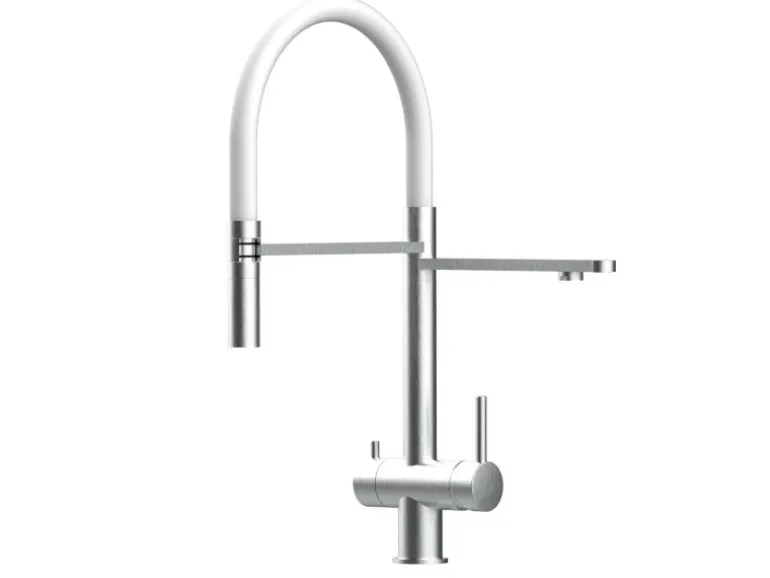 VIZIO NIEDERDRUCK 3 Wege Wasserhahn Küchenarmatur Edelstahl Massiv mit 360° Schwenkbarem Auslauf Abnehmbare 2 Strahl Handbrause Gebürstet Weiß