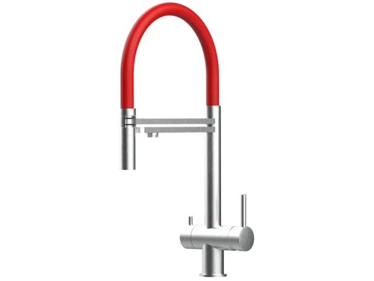 VIZIO NIEDERDRUCK 3 Wege Wasserhahn Küchenarmatur Edelstahl Massiv mit 360° Schwenkbarem Auslauf Abnehmbare 2 Strahl Handbrause Gebürstet Rot