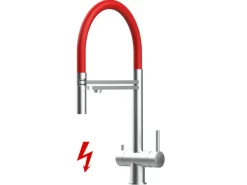 VIZIO NIEDERDRUCK 3 Wege Wasserhahn Küchenarmatur Edelstahl Massiv mit 360° Schwenkbarem Auslauf Abnehmbare 2 Strahl Handbrause Gebürstet Rot