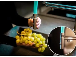 VIZIO NIEDERDRUCK 3 Wege Wasserhahn Küchenarmatur Edelstahl Massiv mit 360° Schwenkbarem Auslauf Abnehmbare 2 Strahl Handbrause Gebürstet Rot