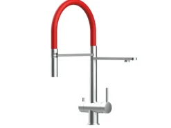 VIZIO NIEDERDRUCK 3 Wege Wasserhahn Küchenarmatur Edelstahl Massiv mit 360° Schwenkbarem Auslauf Abnehmbare 2 Strahl Handbrause Gebürstet Rot