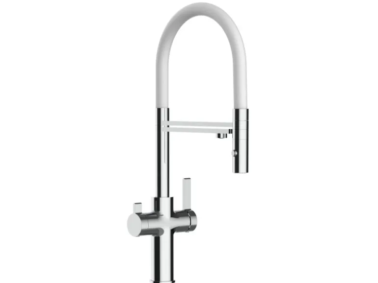 VIZIO NIEDERDRUCK 3 Wege Wasserhahn Küchenarmatur FC mit 360° Schwenkbarem Auslauf Abnehmbare 2 Strahl Handbrause Verchromt Weiß