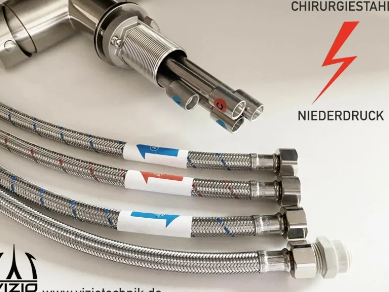 VIZIO NIEDERDRUCK 3 Wege Wasserhahn Küchenarmatur Edelstahl Massiv 360° Schwenkbarem L Auslauf Hochglanz Poliert
