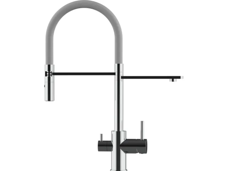 VIZIO NIEDERDRUCK 3 Wege Wasserhahn Küchenarmatur FL mit 360° Schwenkbarem Auslauf Abnehmbare 2 Strahl Handbrause Verchromt Grau