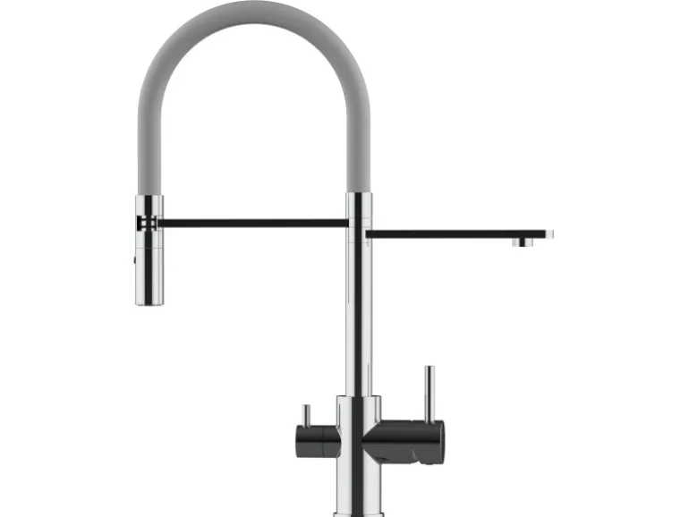 VIZIO NIEDERDRUCK 3 Wege Wasserhahn Küchenarmatur FL mit 360° Schwenkbarem Auslauf Abnehmbare 2 Strahl Handbrause Verchromt Grau