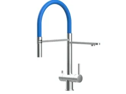 VIZIO NIEDERDRUCK 3 Wege Wasserhahn Küchenarmatur Edelstahl Massiv mit 360° Schwenkbarem Auslauf Abnehmbare 2 Strahl Handbrause Gebürstet Blau