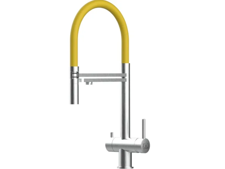 VIZIO NIEDERDRUCK 3 Wege Wasserhahn Küchenarmatur Edelstahl Massiv mit 360° Schwenkbarem Auslauf Abnehmbare 2 Strahl Handbrause Gebürstet Gelb
