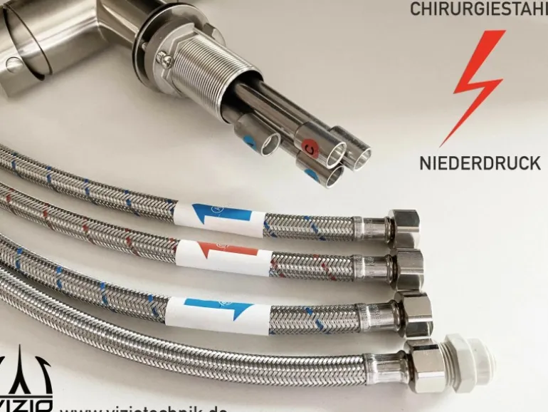 VIZIO NIEDERDRUCK 3 Wege Wasserhahn Küchenarmatur Edelstahl Massiv mit 360° Schwenkbarem Auslauf Abnehmbare 2 Strahl Handbrause Gebürstet Gelb