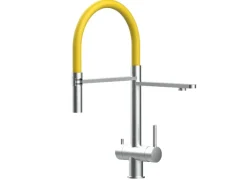 VIZIO NIEDERDRUCK 3 Wege Wasserhahn Küchenarmatur Edelstahl Massiv mit 360° Schwenkbarem Auslauf Abnehmbare 2 Strahl Handbrause Gebürstet Gelb