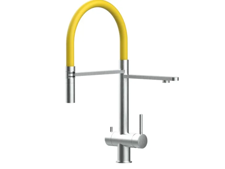 VIZIO NIEDERDRUCK 3 Wege Wasserhahn Küchenarmatur Edelstahl Massiv mit 360° Schwenkbarem Auslauf Abnehmbare 2 Strahl Handbrause Gebürstet Gelb