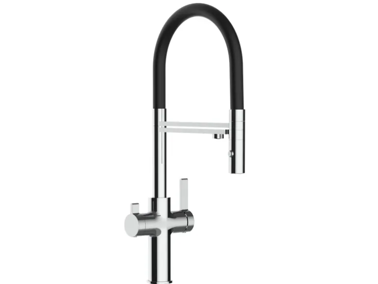 VIZIO NIEDERDRUCK 3 Wege Wasserhahn Küchenarmatur FC mit 360° Schwenkbarem Auslauf Abnehmbare 2 Strahl Handbrause Verchromt Schwarz