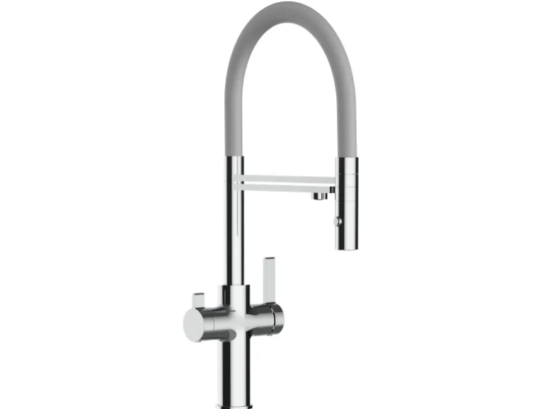 VIZIO NIEDERDRUCK 3 Wege Wasserhahn Küchenarmatur FC mit 360° Schwenkbarem Auslauf Abnehmbare 2 Strahl Handbrause Verchromt Grau