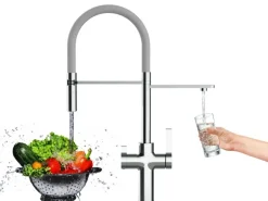 VIZIO NIEDERDRUCK 3 Wege Wasserhahn Küchenarmatur FC mit 360° Schwenkbarem Auslauf Abnehmbare 2 Strahl Handbrause Verchromt Grau