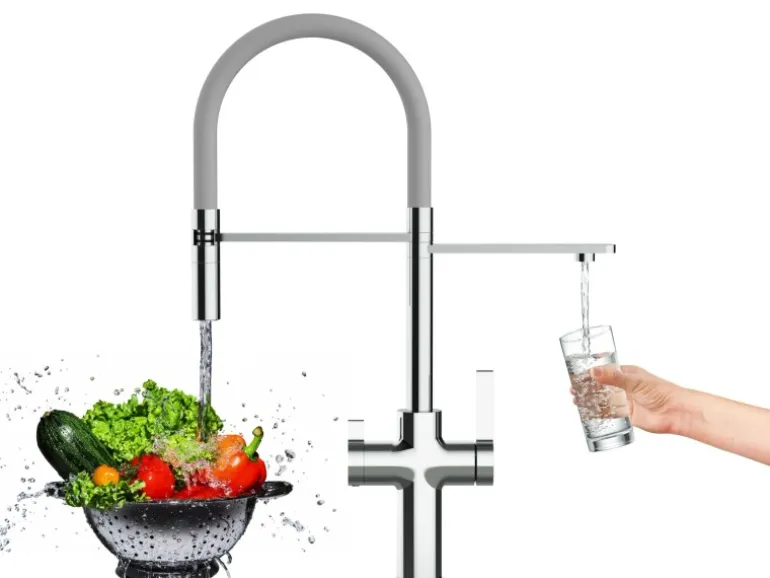 VIZIO NIEDERDRUCK 3 Wege Wasserhahn Küchenarmatur FC mit 360° Schwenkbarem Auslauf Abnehmbare 2 Strahl Handbrause Verchromt Grau