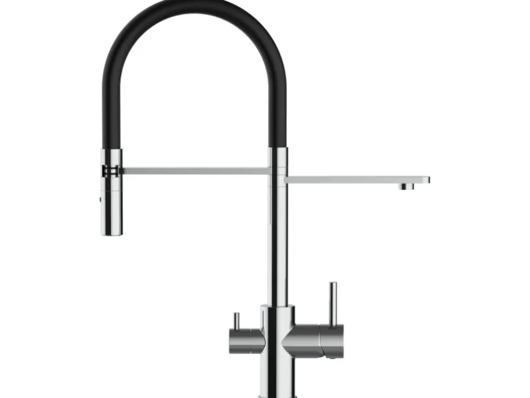 VIZIO NIEDERDRUCK 3 Wege Wasserhahn Küchenarmatur FL mit 360° Schwenkbarem Auslauf Abnehmbare 2 Strahl Handbrause Verchromt Schwarz