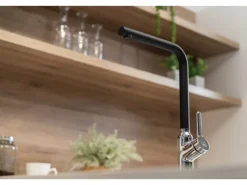 VIZIO Wasserhahn Küchenarmatur BOD mit 360° Schwenkbarem L Auslauf Verchromt Schwarz Granit