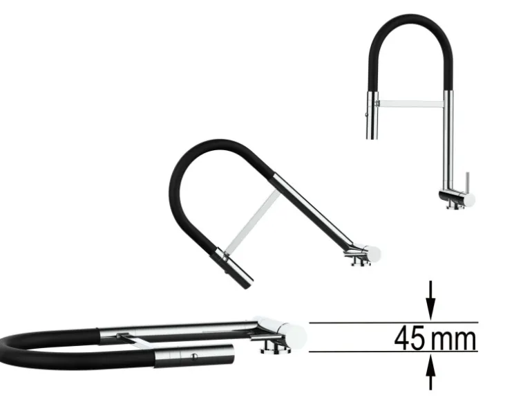 VIZIO Wasserhahn Vorfenster Küchenarmatur Umklappbar 45 CM mit 360° Schwenkbarem Auslauf Abnehmbare 2 Strahl Handbrause Chrom und Schwarz Matt