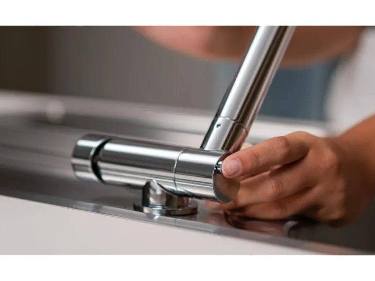 VIZIO Wasserhahn Vorfenster Küchenarmatur Umklappbar 45 CM mit 360° Schwenkbarem L Auslauf Verchromt Sand Beige