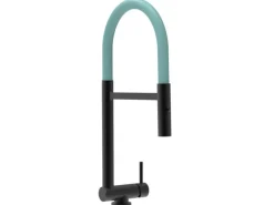 VIZIO Wasserhahn Vorfenster Küchenarmatur Umklappbar 45 CM mit 360° Schwenkbarem Auslauf Abnehmbare 2 Strahl Handbrause Schwarz Matt Türkis