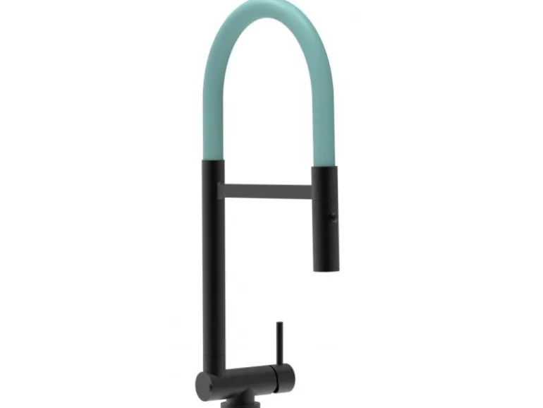 VIZIO Wasserhahn Vorfenster Küchenarmatur Umklappbar 45 CM mit 360° Schwenkbarem Auslauf Abnehmbare 2 Strahl Handbrause Schwarz Matt Türkis
