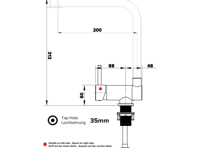 VIZIO Wasserhahn Vorfenster Küchenarmatur Umklappbar 6 CM LINKER HEBEL mit 360° Schwenkbarem L Auslauf Verchromt Zement Granit