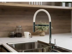 VIZIO Wasserhahn Vorfenster Küchenarmatur Umklappbar 45 CM mit 360° Schwenkbarem Auslauf Abnehmbare 2 Strahl Handbrause Verchromt Weiß