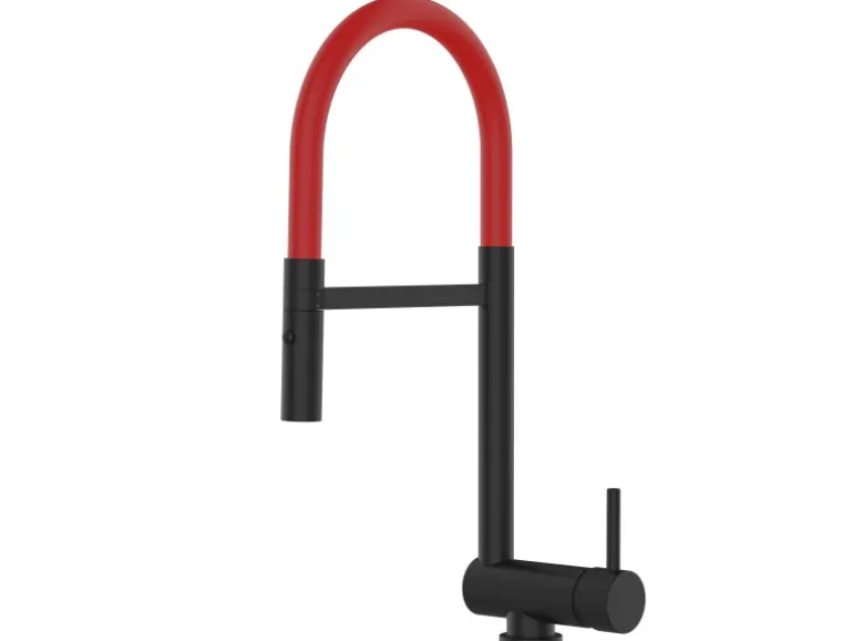 VIZIO Wasserhahn Vorfenster Küchenarmatur Umklappbar 6 CM mit 360° Schwenkbarem Auslauf Abnehmbare 2 Strahl Handbrause Schwarz Matt Rot