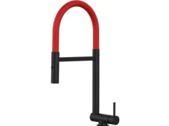 VIZIO Wasserhahn Vorfenster Küchenarmatur Umklappbar 45 CM mit 360° Schwenkbarem Auslauf Abnehmbare 2 Strahl Handbrause Schwarz Matt Rot