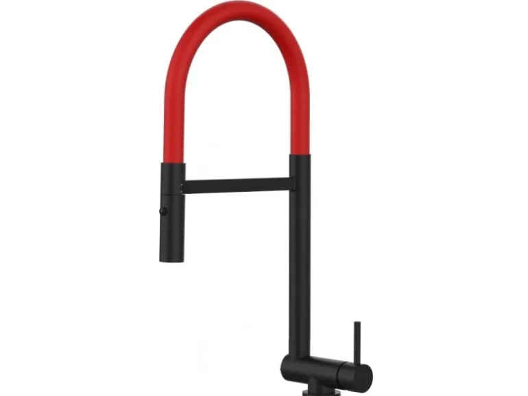 VIZIO Wasserhahn Vorfenster Küchenarmatur Umklappbar 45 CM mit 360° Schwenkbarem Auslauf Abnehmbare 2 Strahl Handbrause Schwarz Matt Rot