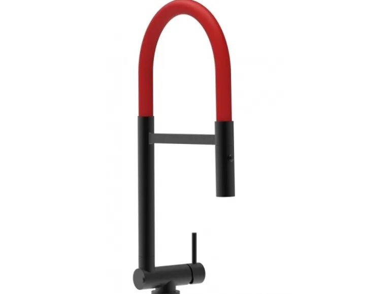 VIZIO Wasserhahn Vorfenster Küchenarmatur Umklappbar 45 CM mit 360° Schwenkbarem Auslauf Abnehmbare 2 Strahl Handbrause Schwarz Matt Rot